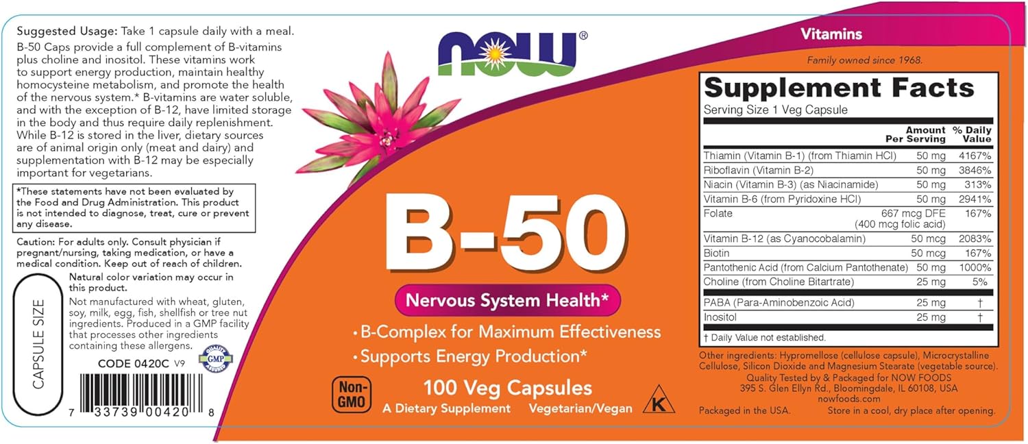 Now Foods Vitamin B-50mg Folate Paba Choline İnositol 100 Caps - Galeri