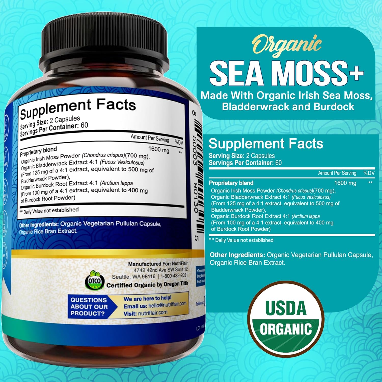 NutriFlair Organic Sea Moss 1600mg Bladderwrack Burdock Prebiotic Immune System & Digestive Health - Thyroid, Healthy Skin Keto Detox Gut 120 - Galeri