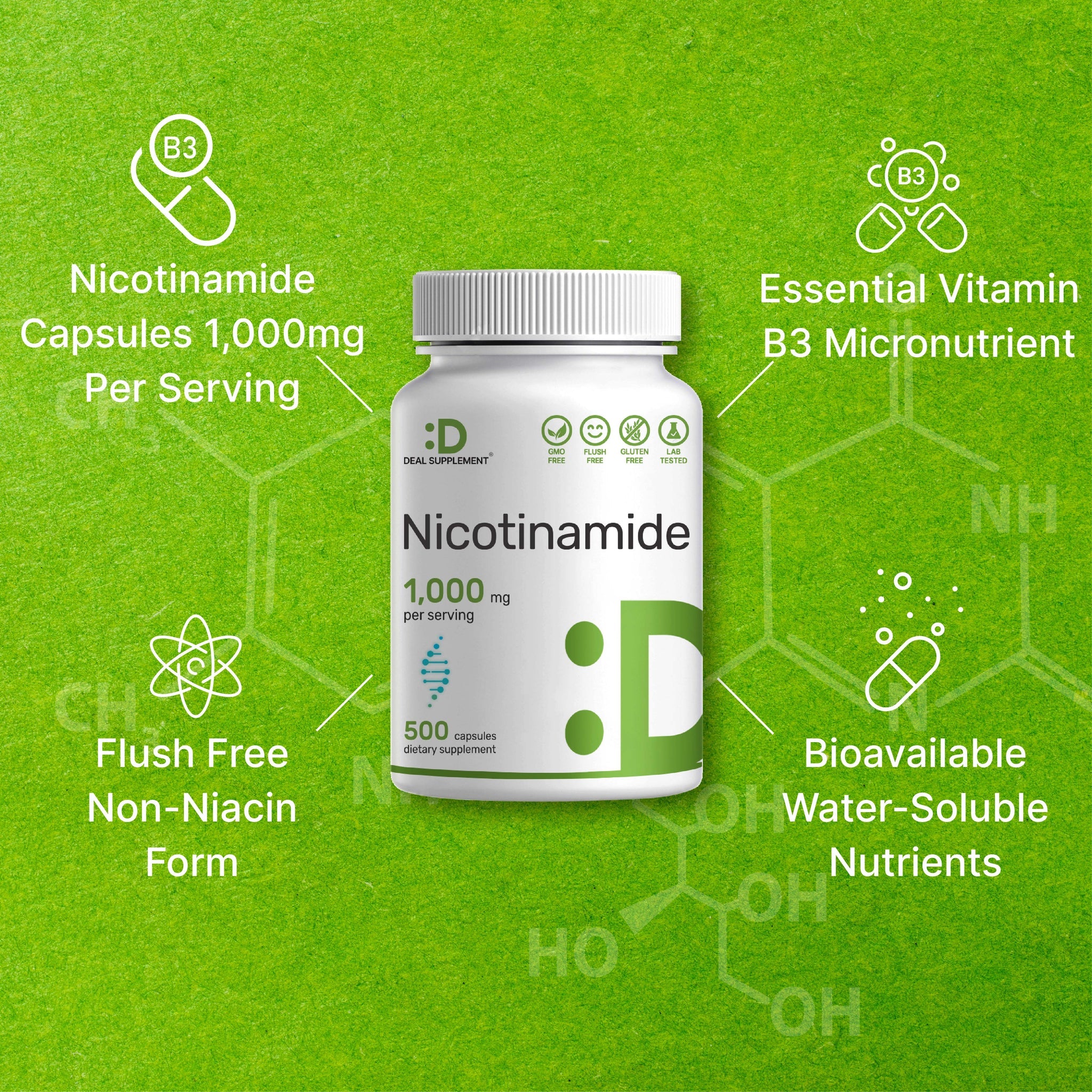 Deal Supplement Niacinamide Vitamin B3 1,000mg Per Serving, 500 Capsules - Cilt Sivılce desteği - Galeri