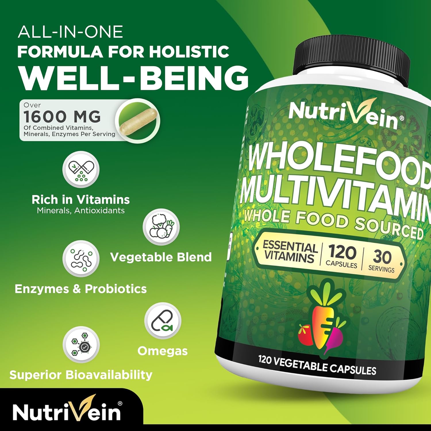 Nutrivein Whole Food Multivitamin Men & Women (Folate+Niacin+Biotin+Molybdenum 120 Caps - Galeri
