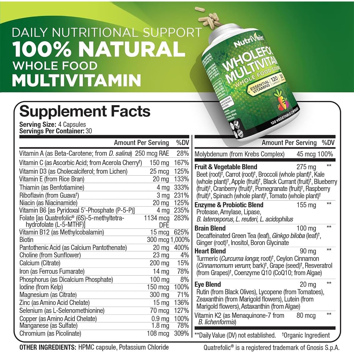 Nutrivein Whole Food Multivitamin Men & Women (Folate+Niacin+Biotin+Molybdenum 120 Caps - Galeri