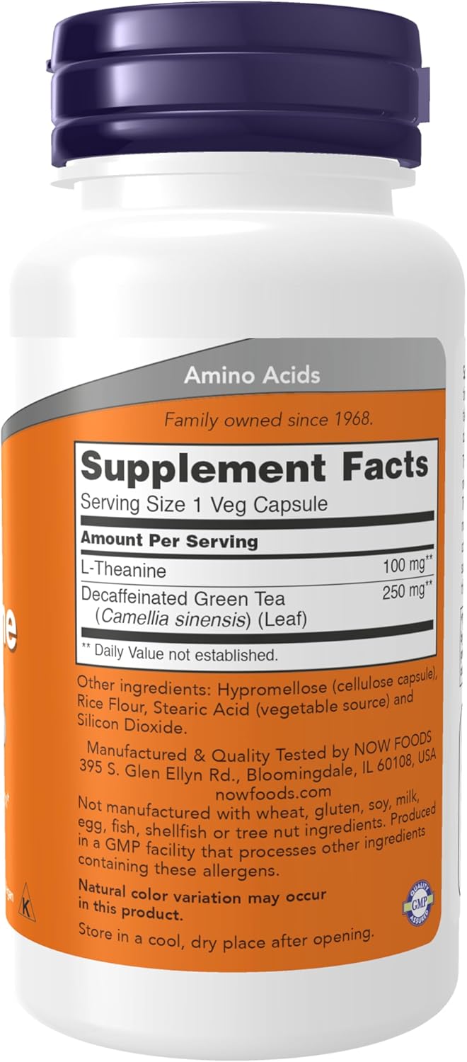 NOW Foods Supplements, L-Theanine 100 mg with Decaf Green Tea, Stress Management*, 90 Veg Capsules - Galeri