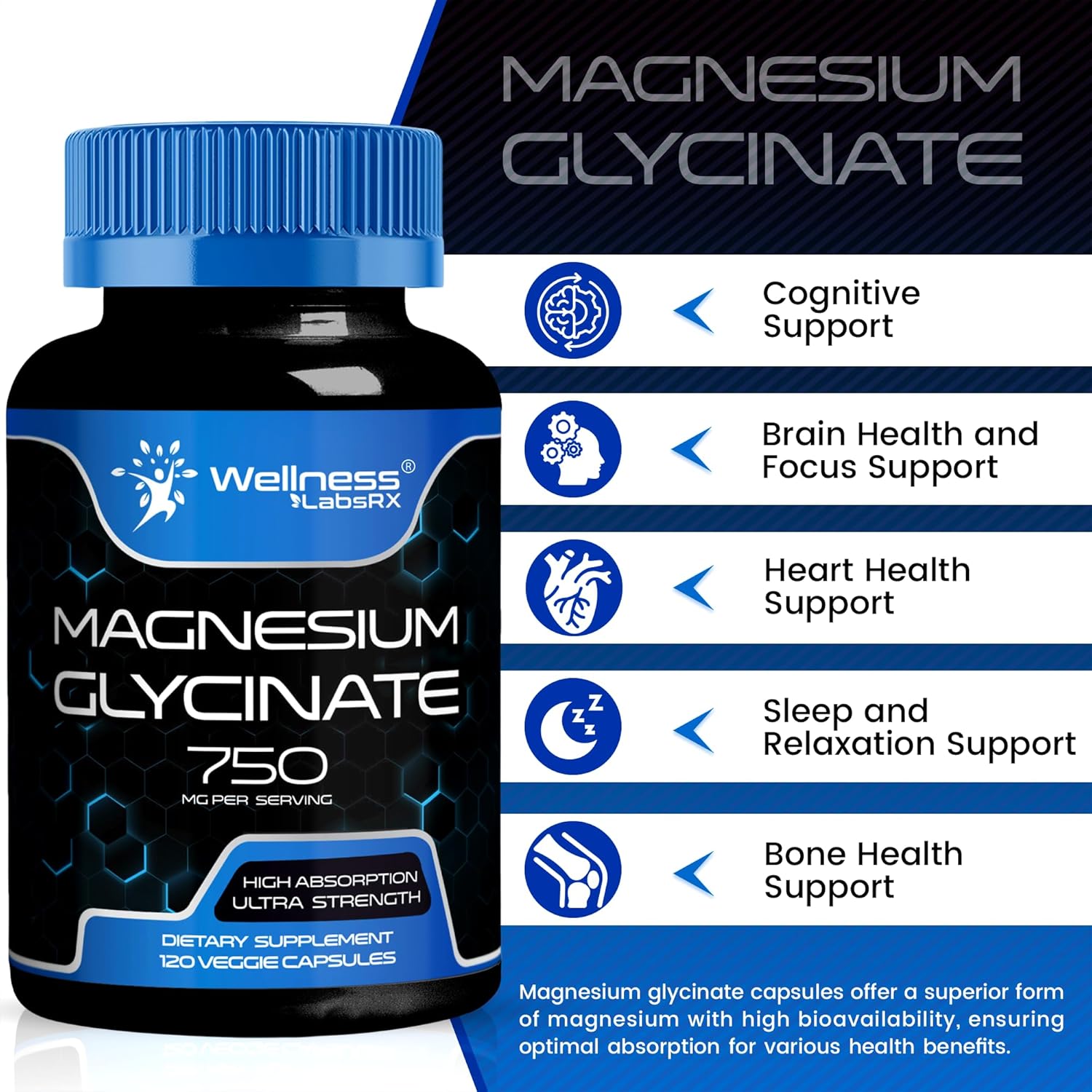 Wellness Labs Magnesium Glycinate for Magnesium Chelate Women and Men 750mg 120 Caps - Galeri