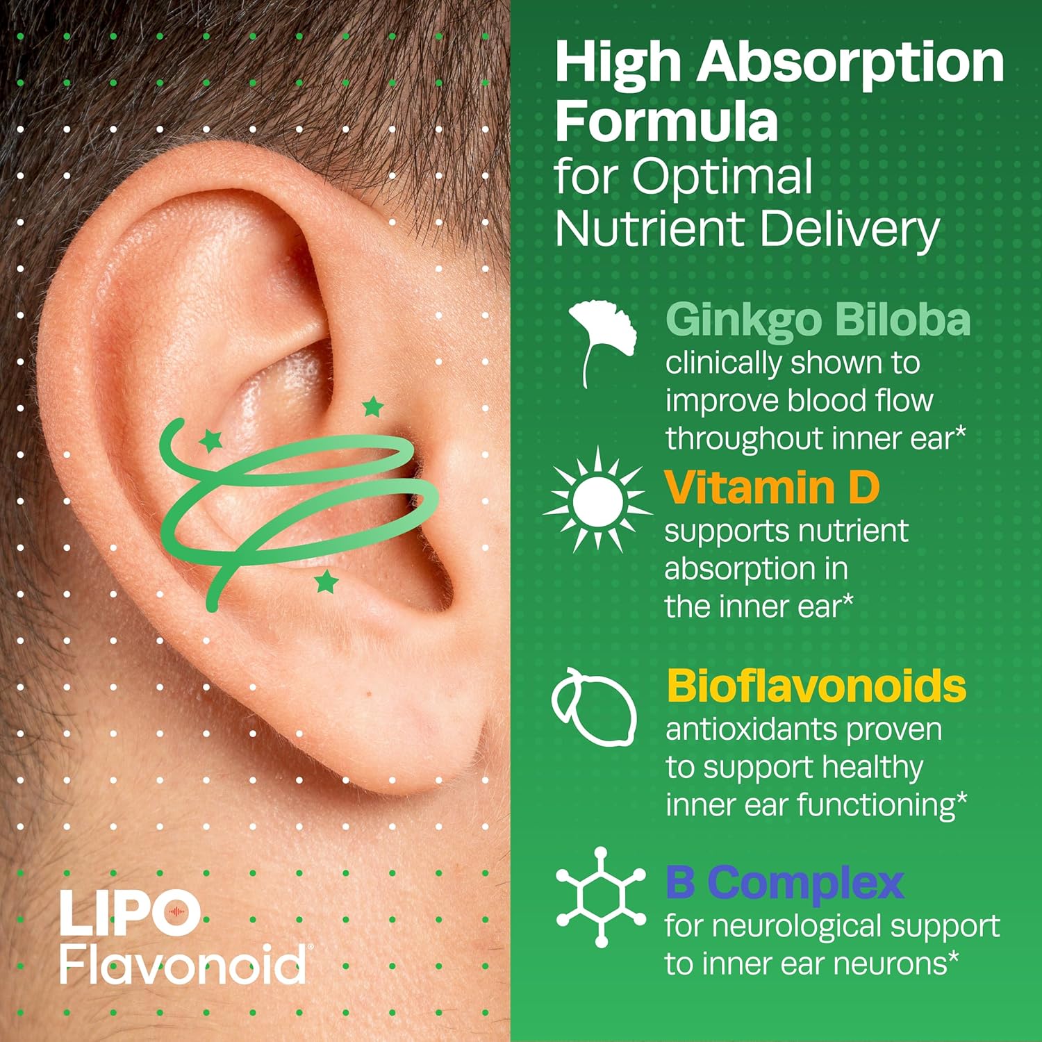 Lipo Flavonoid Balance Support Inner Ear Health Vertigo Relief with Ginkgo Biloba Bioflavonoids, & B Vitamins - Reduces Dizziness Spinning Swaying - Galeri