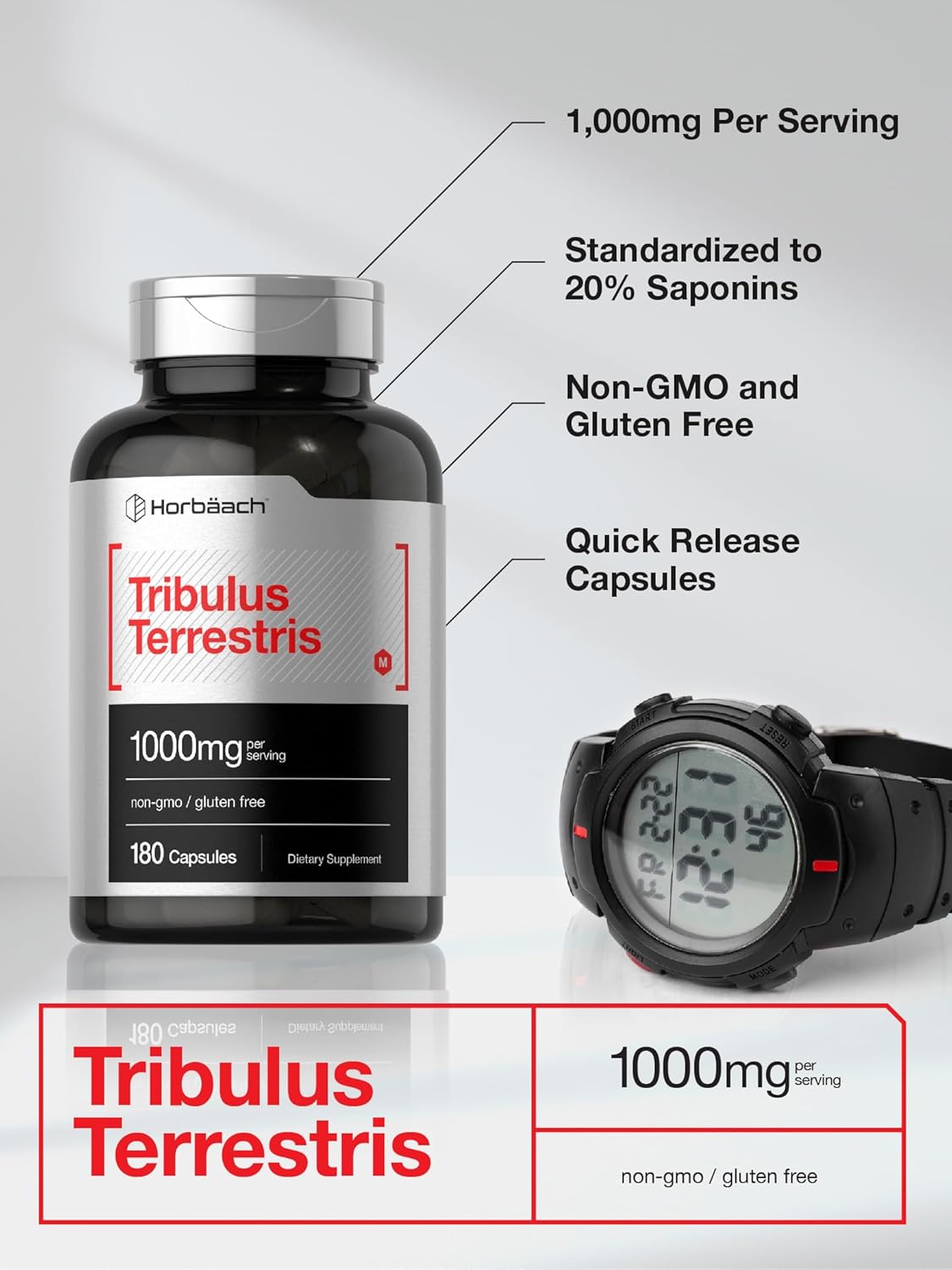 Horbaach Tribulus Terrestris for Men 1000mg 180 Capsules Non-GMO and Gluten Free - Galeri