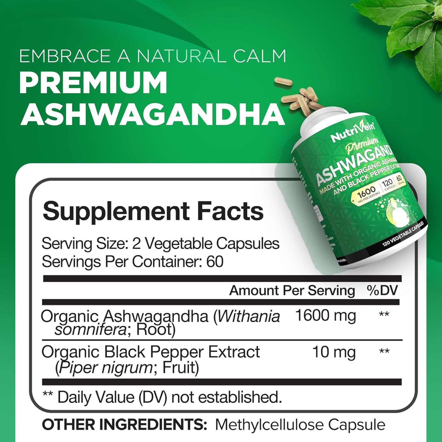Nutrivein Organic Ashwagandha Capsules 1600mg with Black Pepper Extract - 120 Vegan Pills - 100% Pure Root Powder Supplement - Supports Stress Relief, Immune, Energy, Stamina & Mood - Galeri