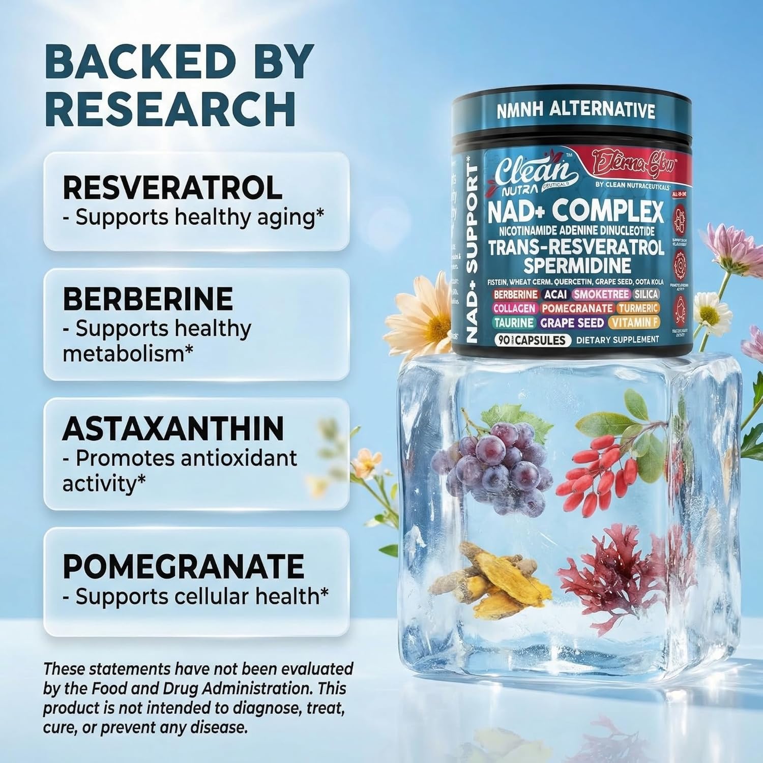 Clean Nutraceuticals NAD Spermidine Fisetin Quercetin Grape Seed Gotu Kola Berberine Astaxanthin Taurine Pomegranate Acai Anti Aging Longevity 90 caps - Galeri