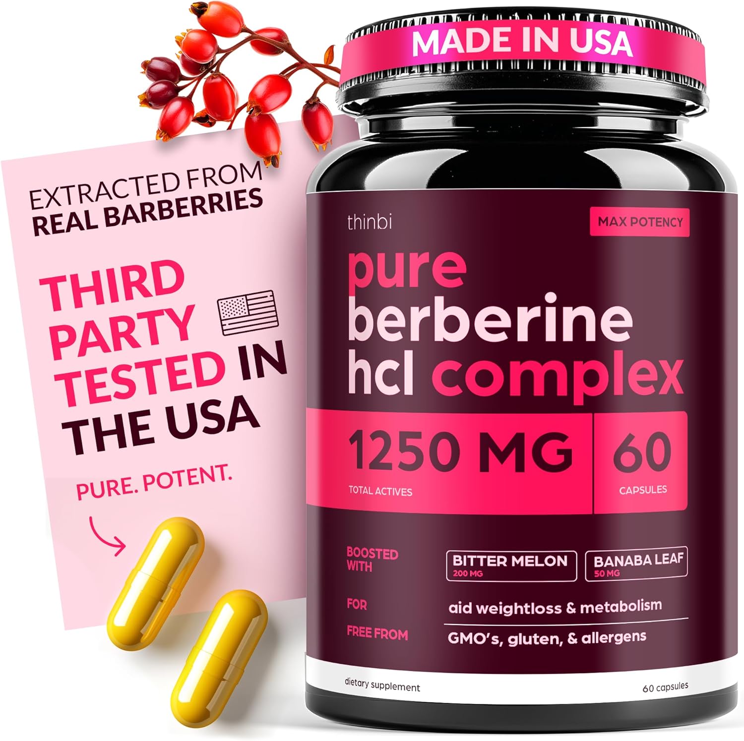 Artnaturals Berberine 1250mg for Weight Management with Bitter Melon and Banaba Leaf - HCl from Barberry Extract 60 Caps