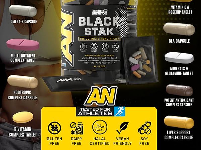 Applied Nutrition Black Stak-The Immune Multivitamin Antioxidant Amino Nootropic Join support 30 pac - Galeri