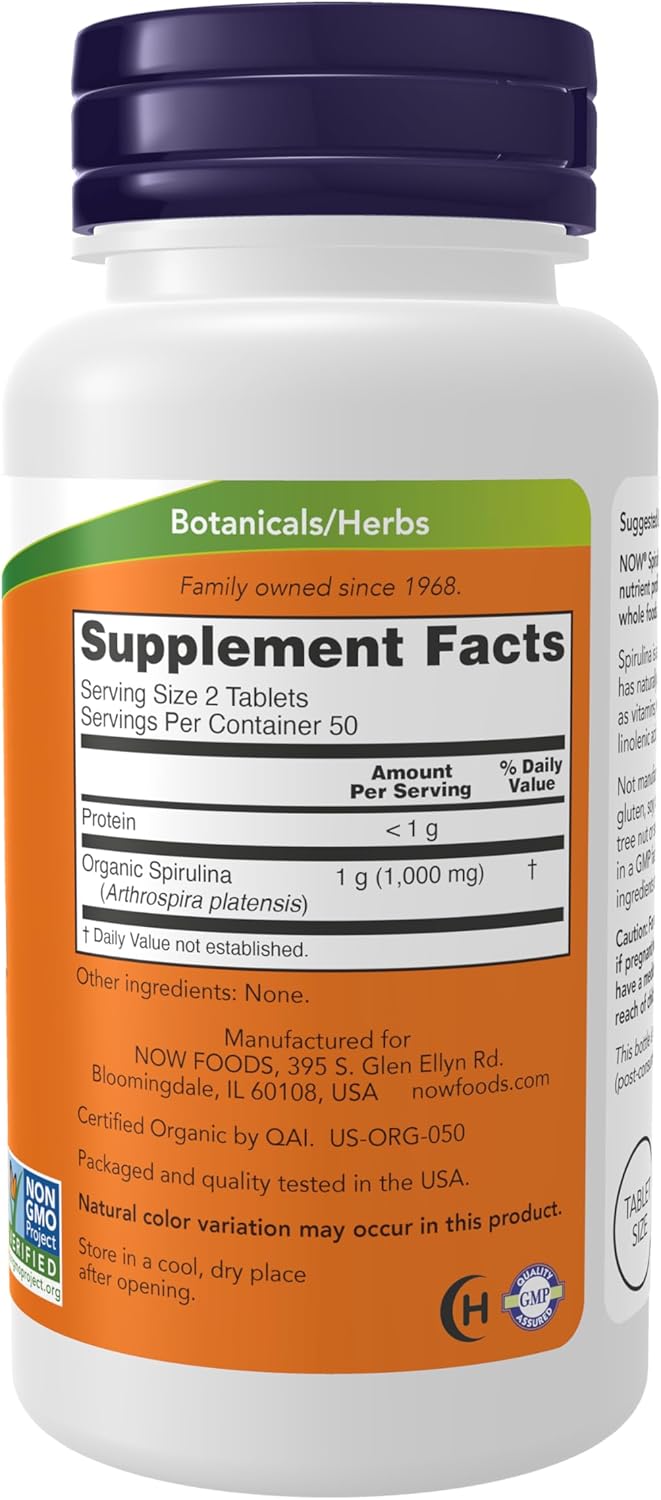 NOW Organic Spirulina 500 mg with Vitamins Minerals and GLA Gamma-Linolenic Acid 100 Tablet - Galeri