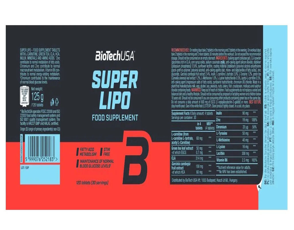 BioTech USA Super Lipo Fat burner (HCA+L-carnitine+Green tea+CLA+Garcinia cambogia) 120 tablets - Galeri