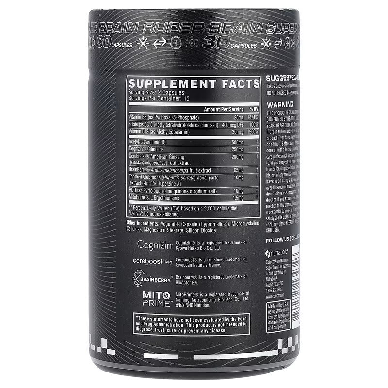 Cellucor Super Brain Cognitive Focus Vitamin B12 Folate Acetyl-L-Carnitine Cognizin Citicoline PQQ 30 Caps - Galeri