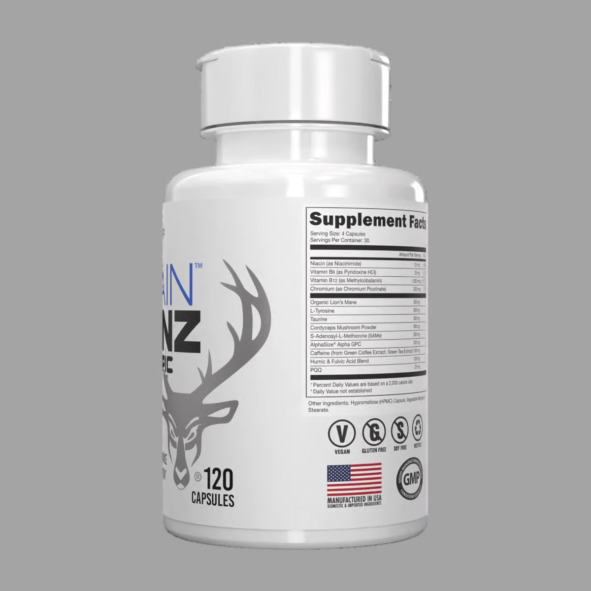 Bucked Up Brain Gainz Nootropic Lion's Mane Tyrosine Reishi Mushroom Gaba Theanine 240 Caps USA - Galeri