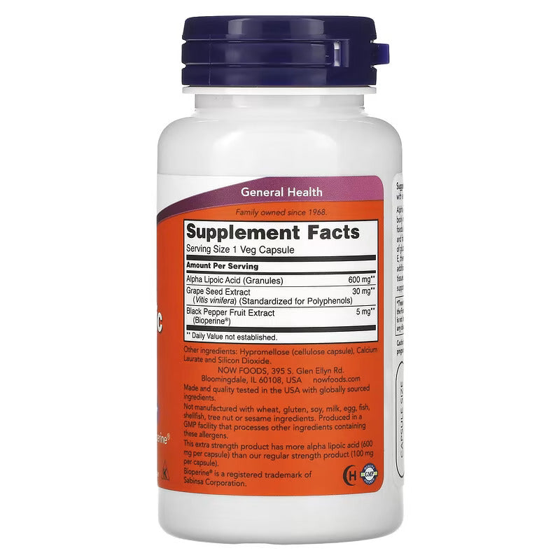NOW Foods, Alpha Lipoic Acid+Grape Seed Extra Strength, 600 mg, 60 Veg Caps - Galeri