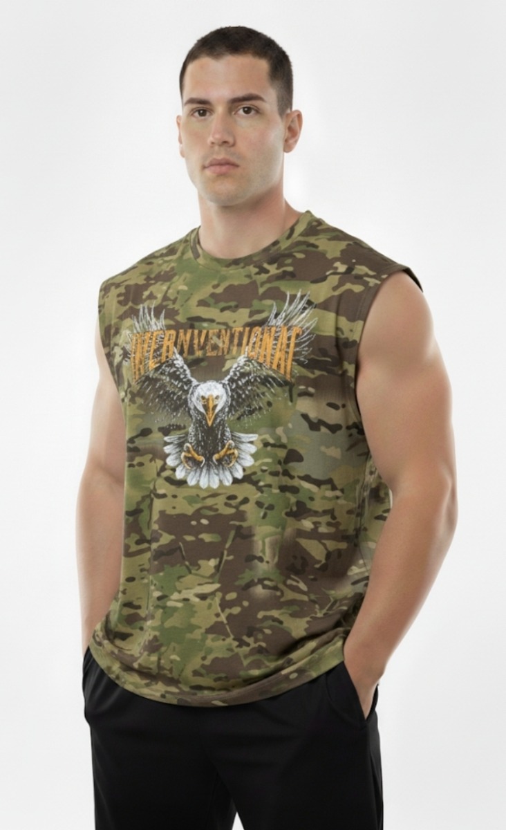 Bisiklet Yaka Askeri Kamuflaj Baskılı Kolsuz Tişört