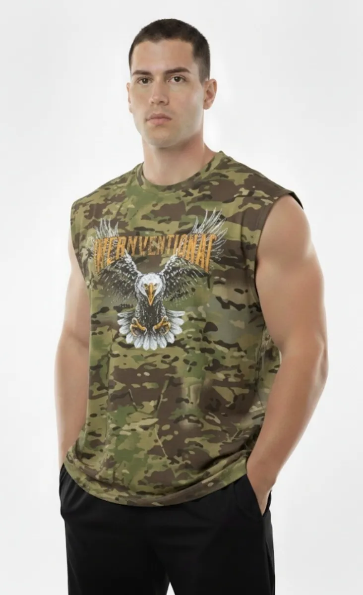 Bisiklet Yaka Askeri Kamuflaj Baskılı Kolsuz Tişört