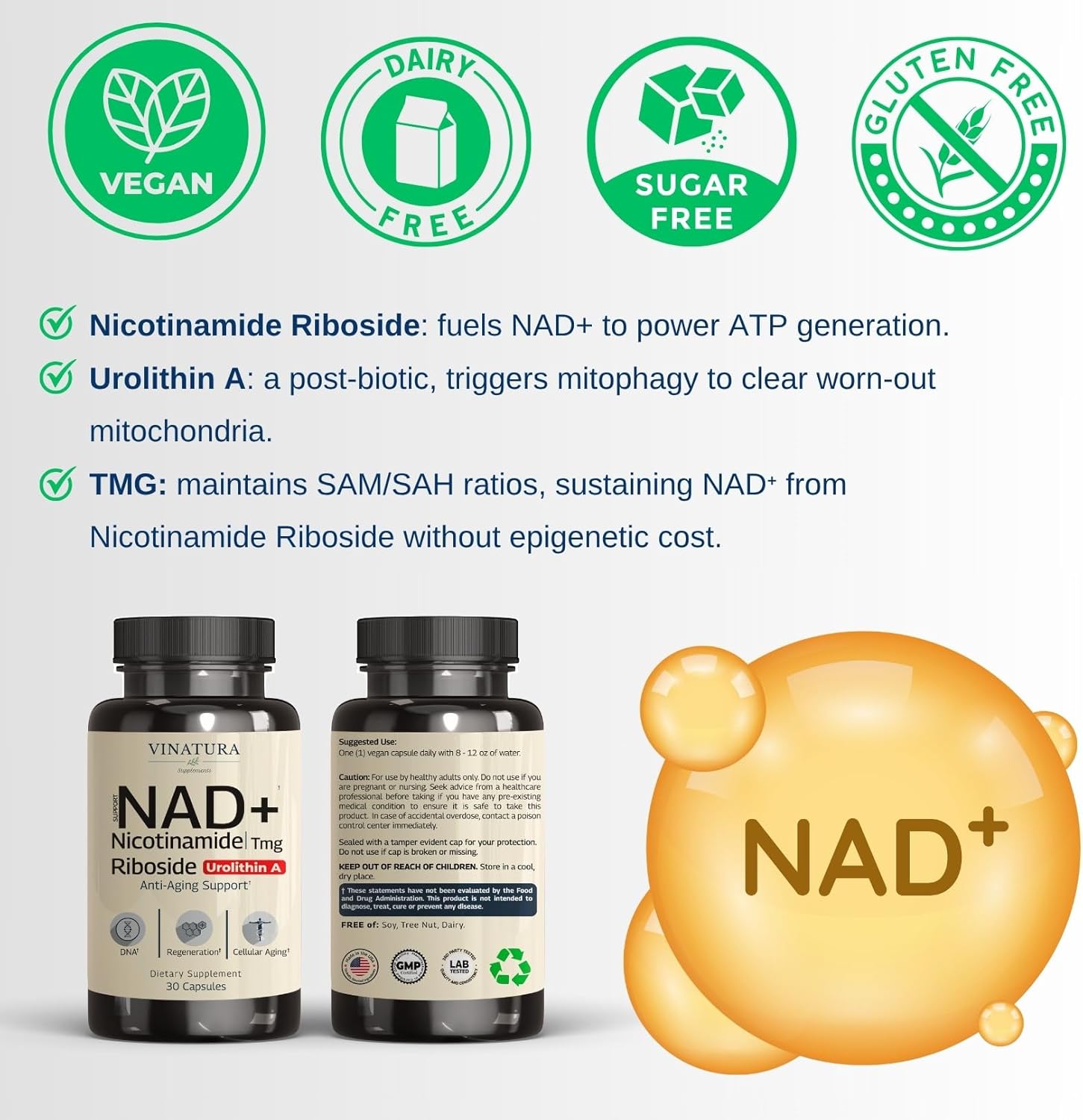 VINATURA NAD+ Nicotinamide Riboside Trans-Resveratrol TMG and Urolithin A Betaine 30 Vegan Caps - Galeri