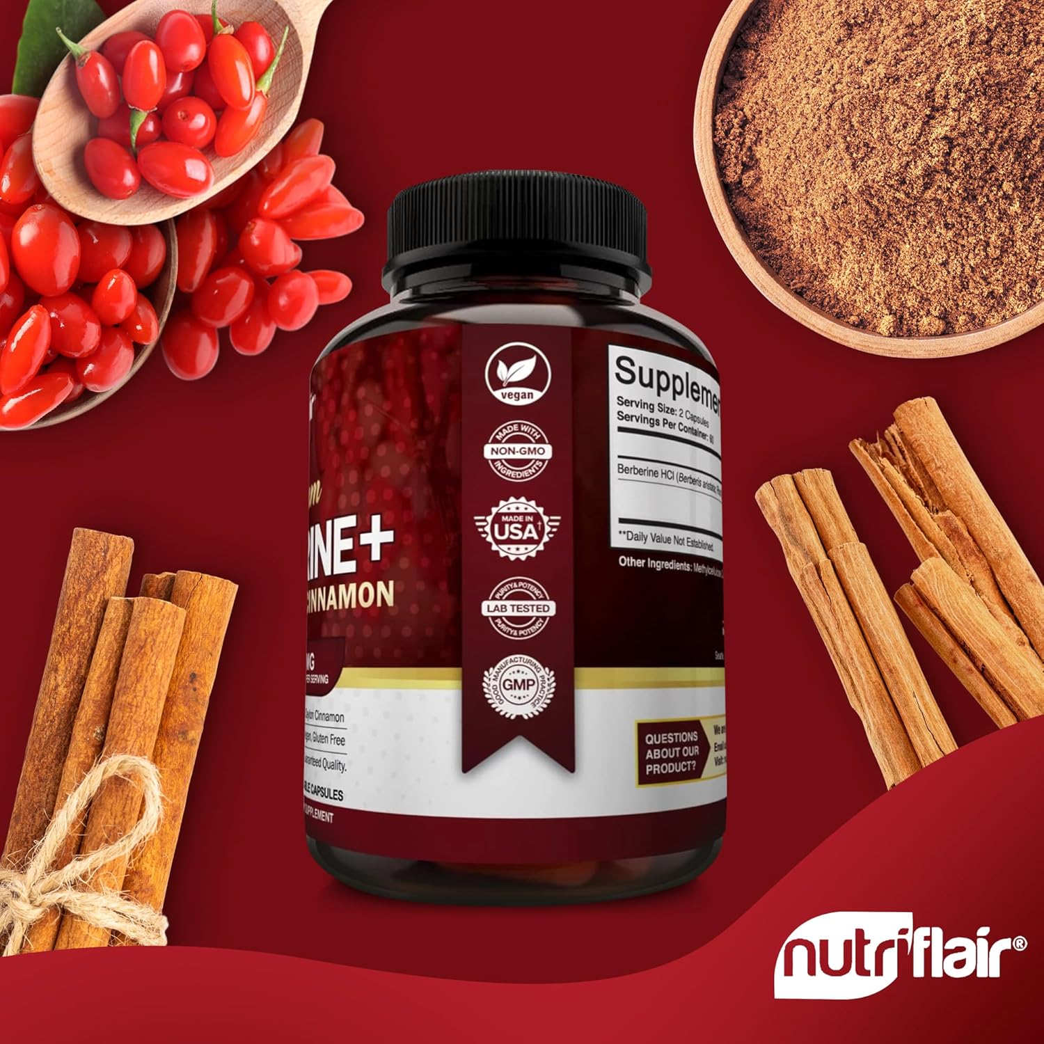 NutriFlair Premium Ceylon Cinnamon Berberine HCL Immune System Glucose 1200mg 120 Caps - Galeri