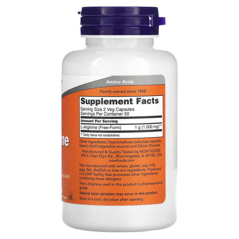 NOW Foods Supplements L-Arginine(Arjinin) 500 mg Nitric Oxide Precursor Amino Acid, 100 Veg Capsules - Galeri