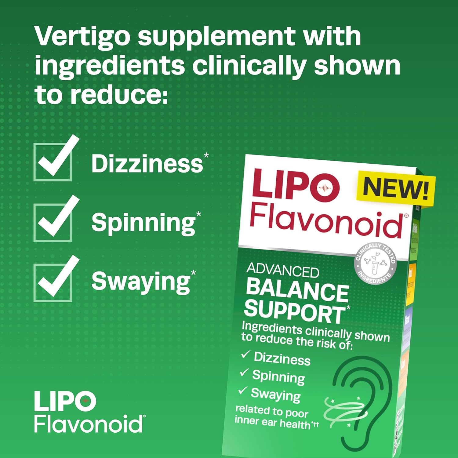 Lipo Flavonoid Balance Support Inner Ear Health Vertigo Relief with Ginkgo Biloba Bioflavonoids, & B Vitamins - Reduces Dizziness Spinning Swaying - Galeri