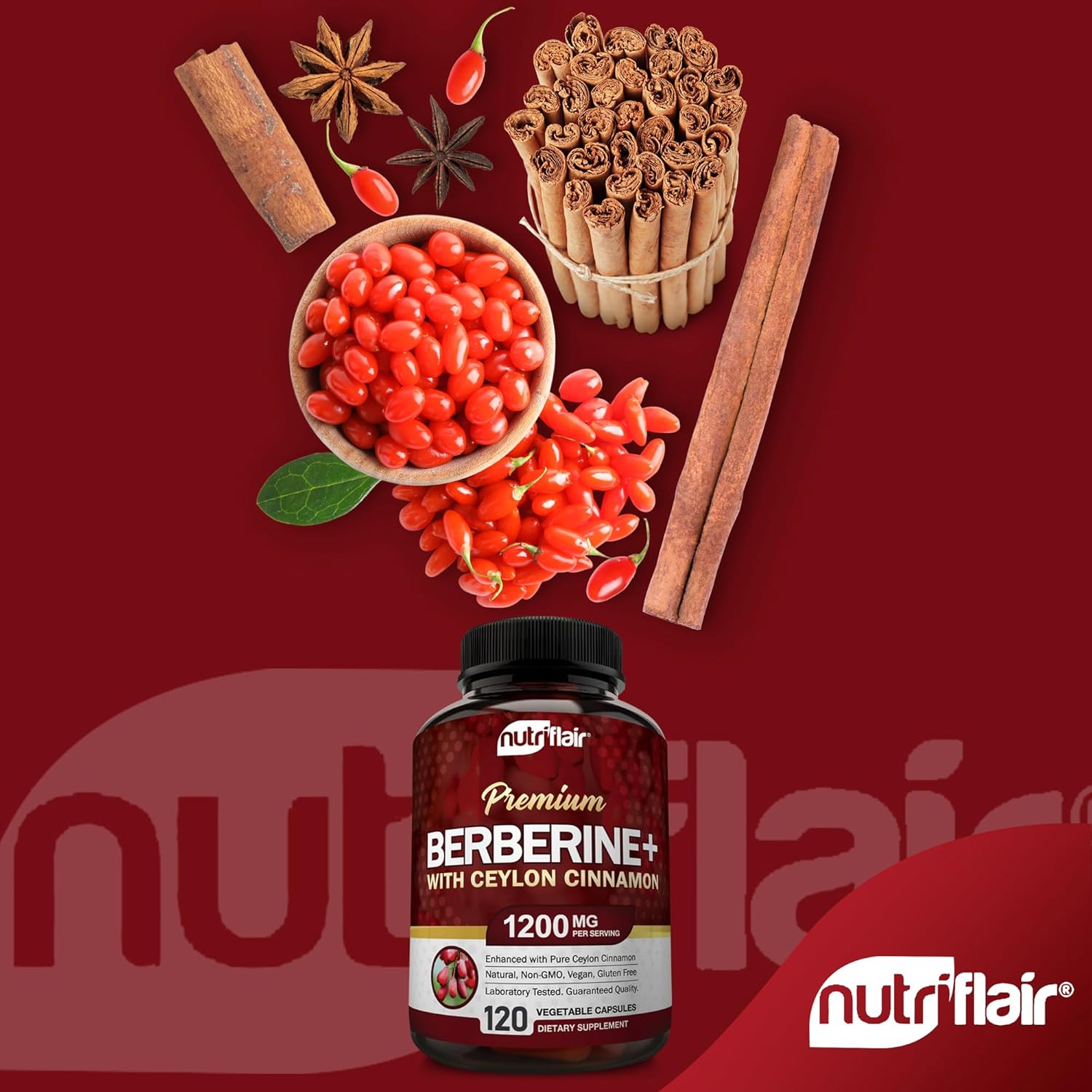 NutriFlair Premium Ceylon Cinnamon Berberine HCL Immune System Glucose 1200mg 120 Caps - Galeri
