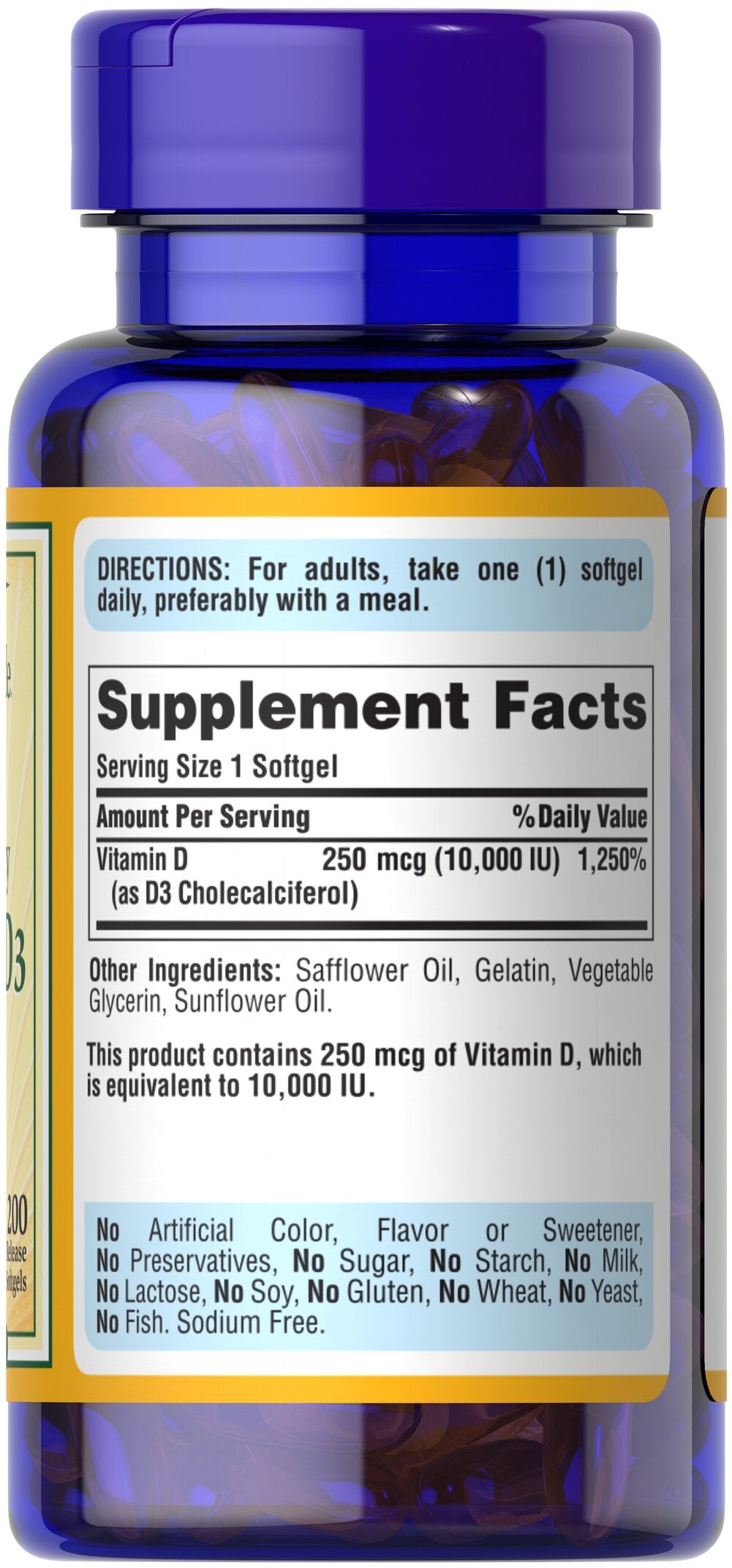 Puritan's Pride Vitamin D3 250 mcg (10000 IU), 200 Softgels - Galeri