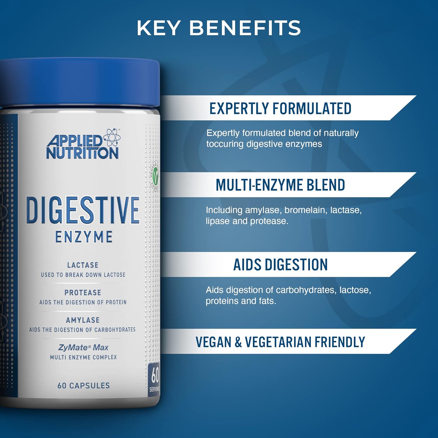 Applied Nutrition Digestive Enzyme Lactase Protease Amylase Aids Digestion Flatulence Control 60 - Galeri