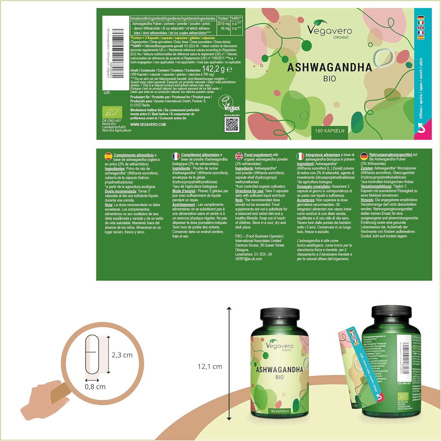 Vegavero Organic Ashwagandha Capsules | 2010 mg Root Powder | 180 Vegan Pills | Standardised 2% Withanolides | Lab-Tested | NO Additives | Vegan - Galeri