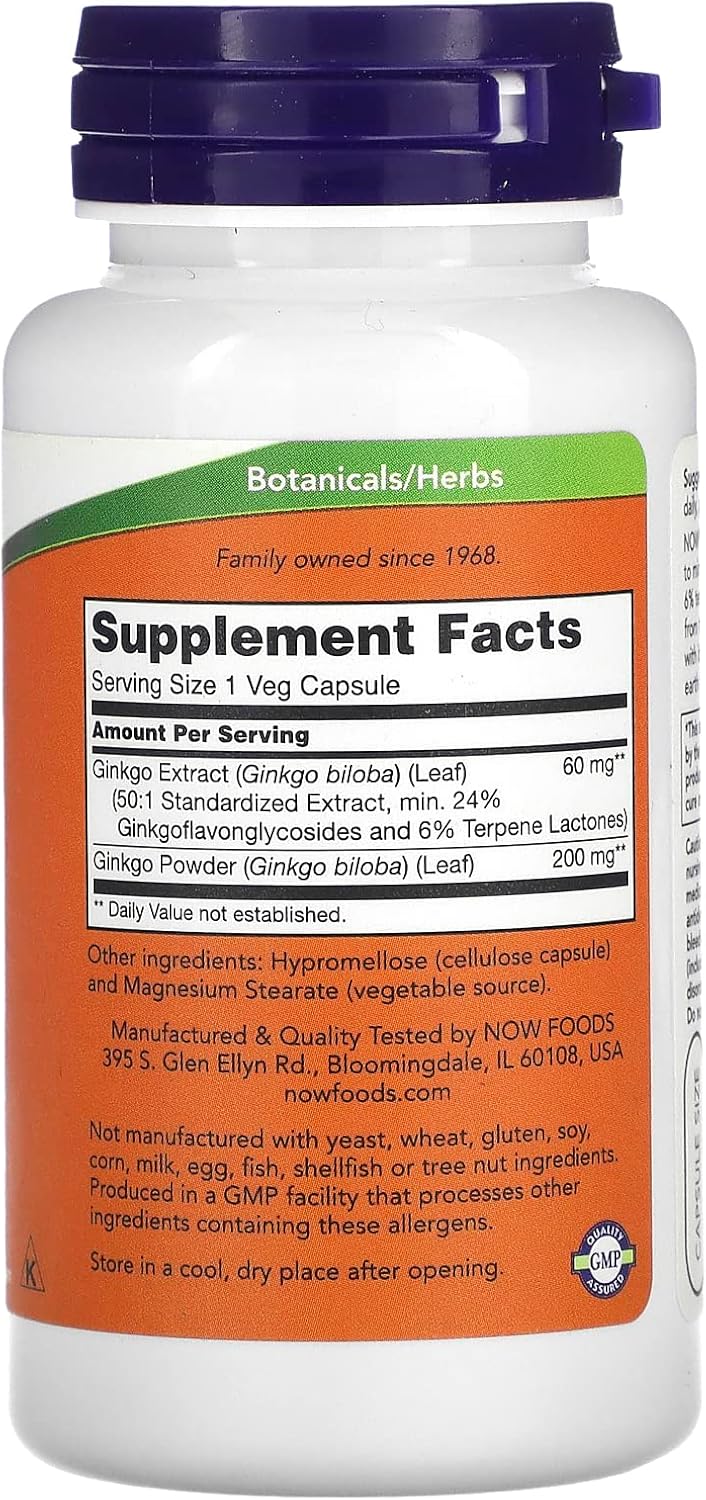 NOW Foods Ginkgo Biloba Supports Brain Health 60 mg 120 Veg Caps - Galeri