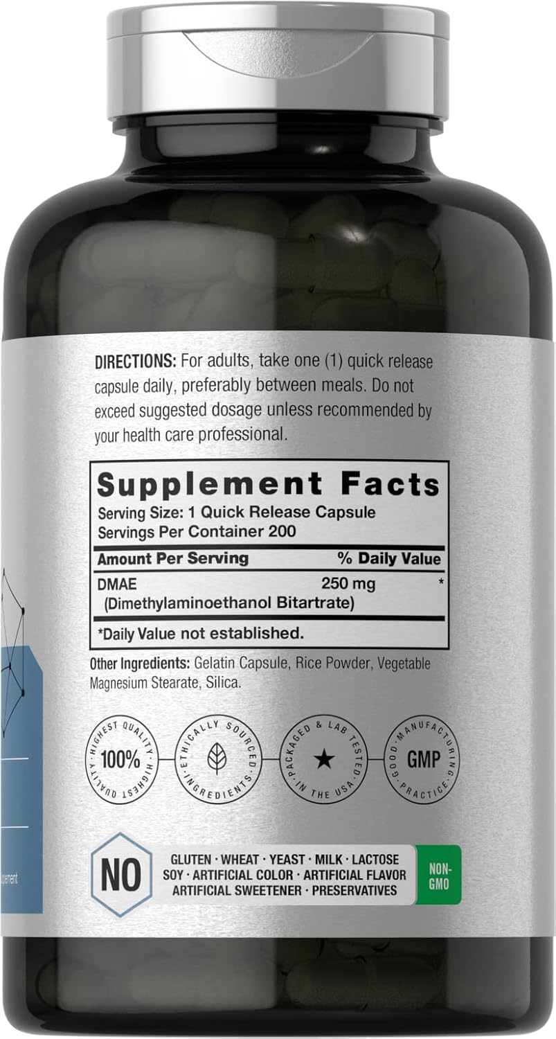 Horbaach DMAE Dimethylaminoethanol Bitartrate 250 mg 200 Caps - Galeri