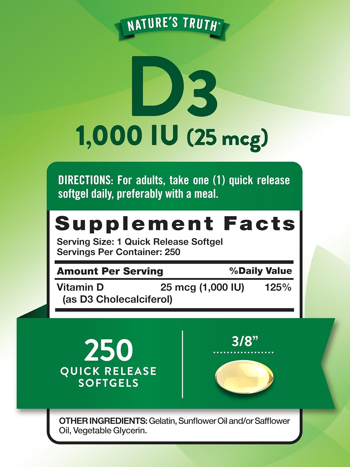 Nature's Truth, High Potency Vitamin D3, 25 mcg (1000 IU), 250 Quick Softgels - Galeri