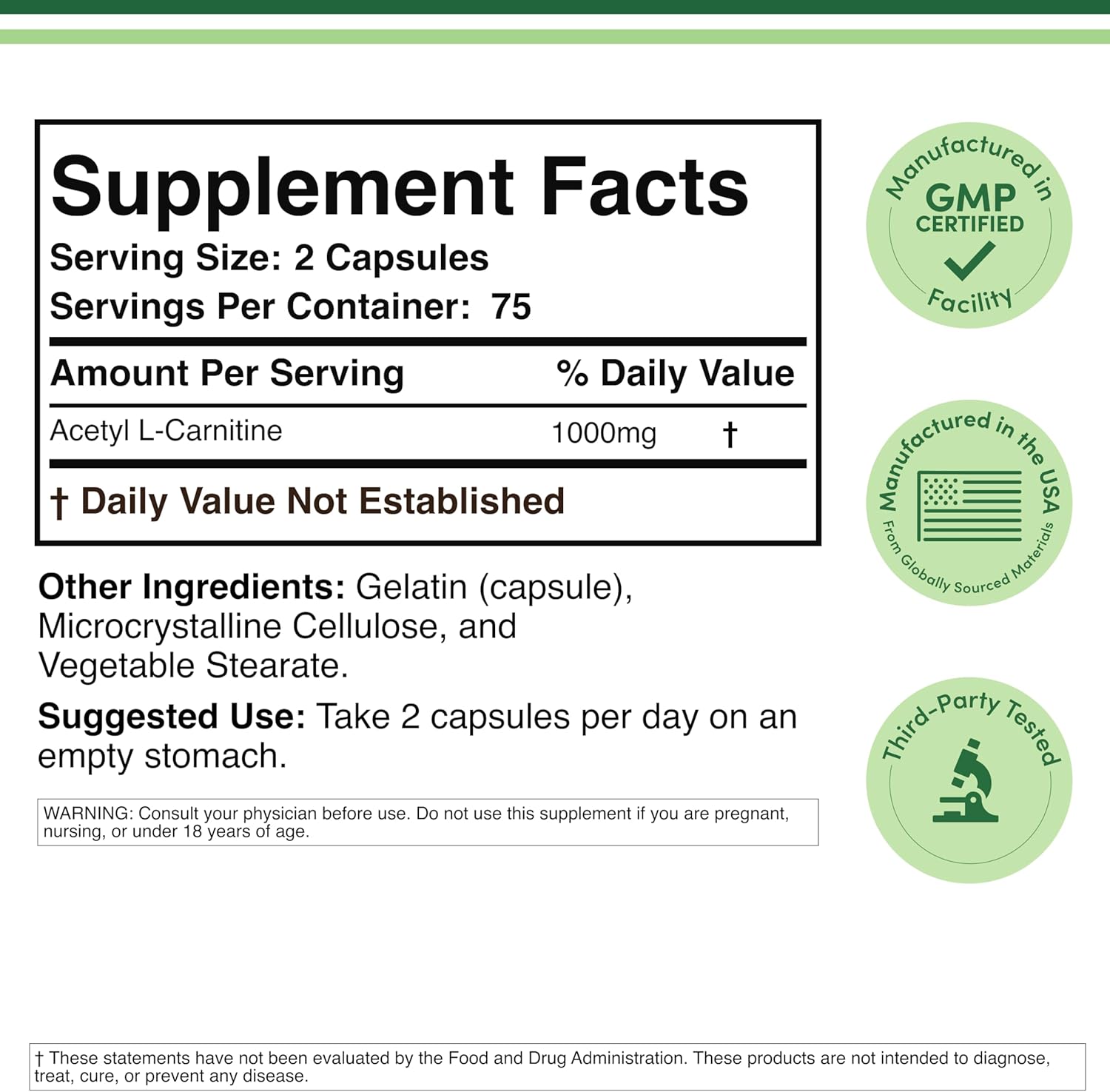 Double Wood Acetyl L-Carnitine ALCAR for Brain Memory Function Support 1,000mg 150 Caps - Galeri