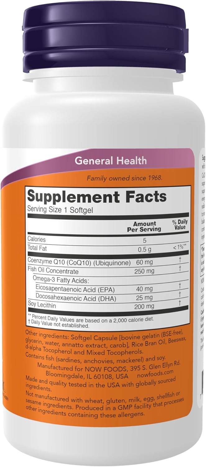 NOW Foods CoQ10 60 mg with Omega 3 Fish Oil Ubikinon 60 Softgels - Galeri