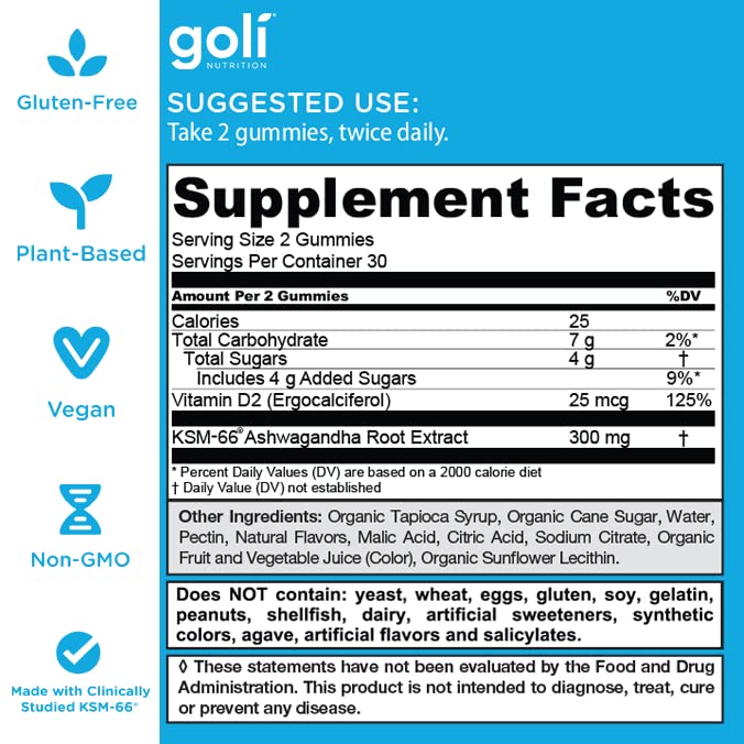 Goli Ashwagandha Vitamin D Relax KSM66 Vegan Non-GMO, Gluten-Free Gelatin Free 60 Gum - Galeri