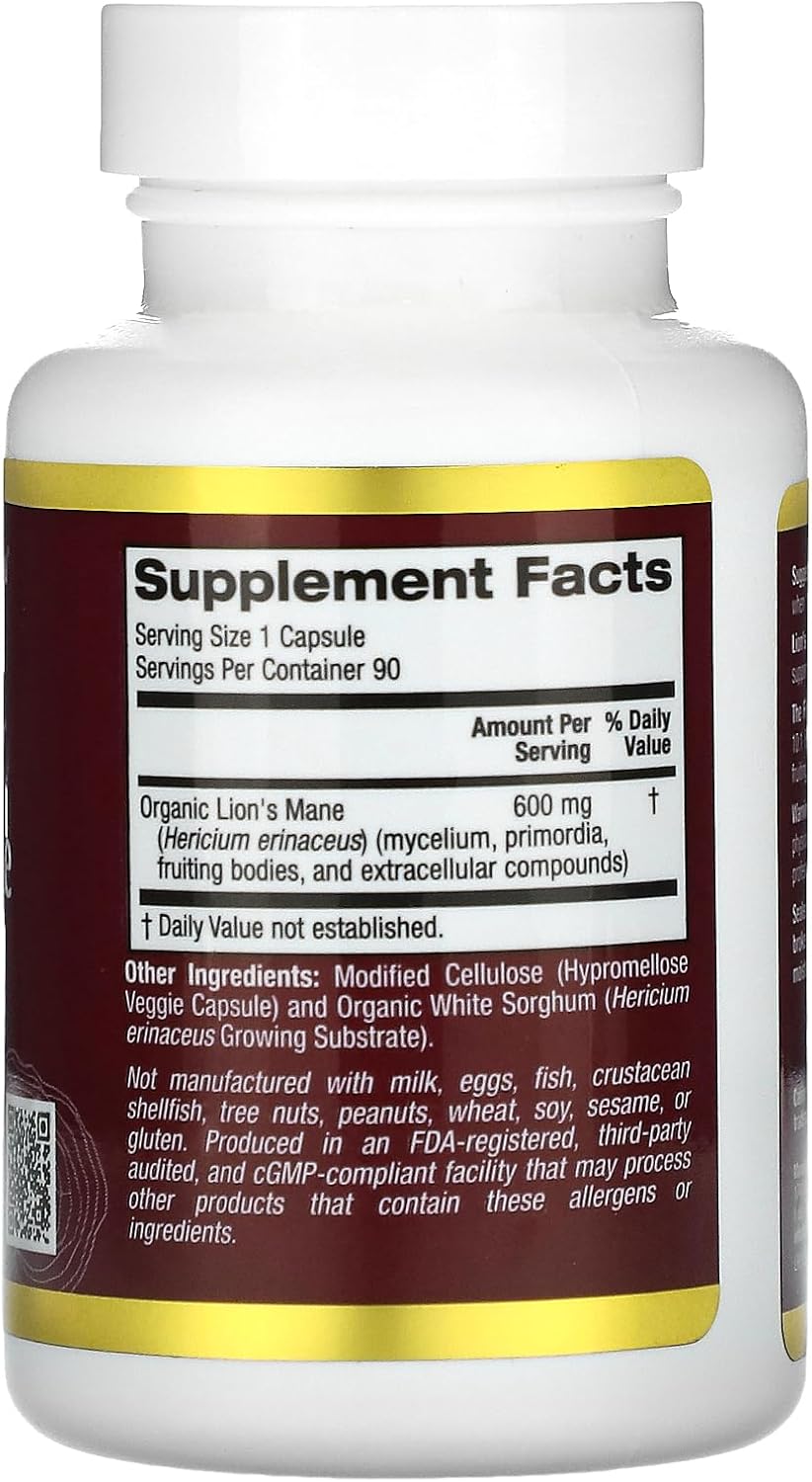 California Gold Nutrition Organic Lion's Mane Mushrooms Brain & Cognitive 90 PlantCaps - Galeri