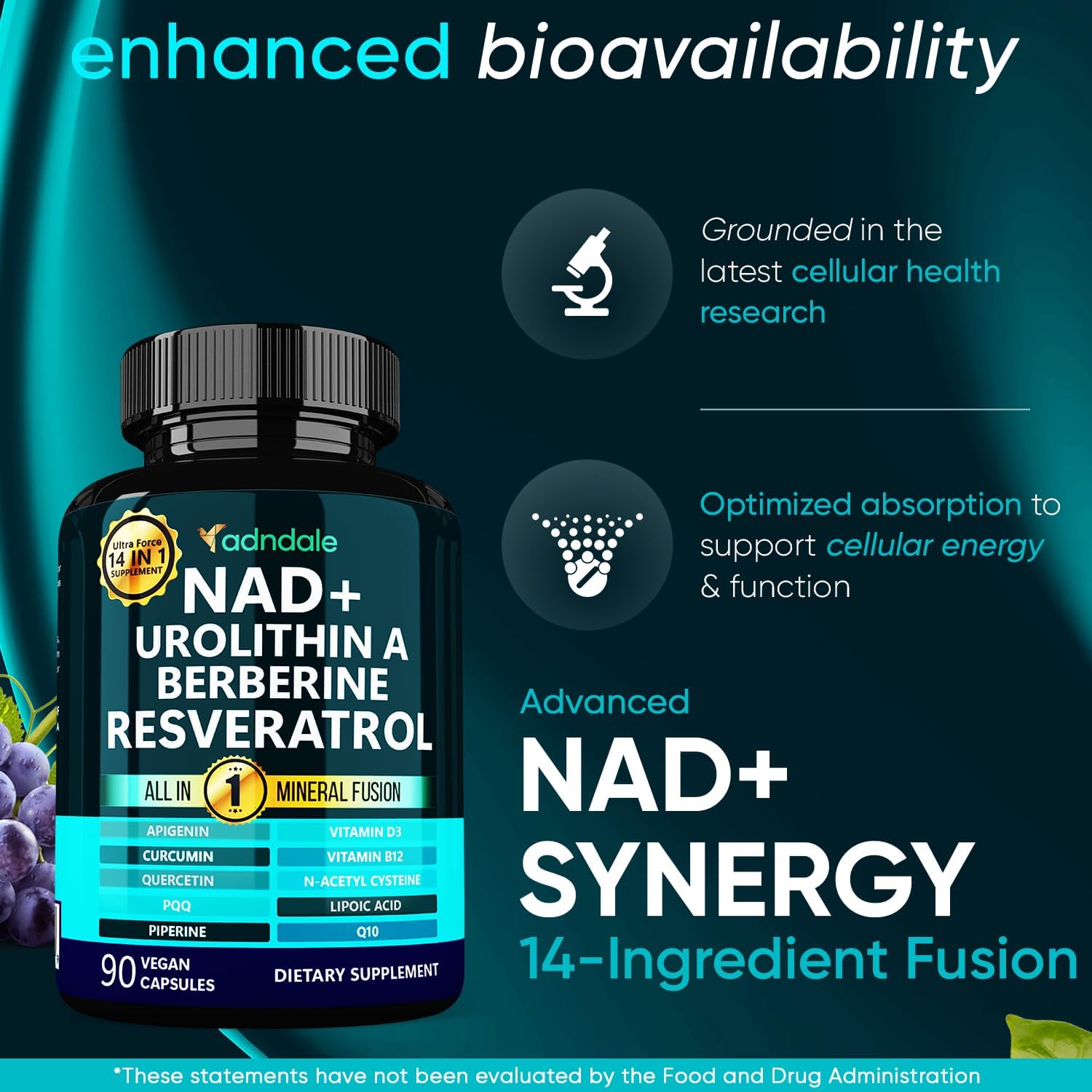 Adndale NAD Urolithin-A Berberine  Resveratrol 90 Vegan Caps - Galeri