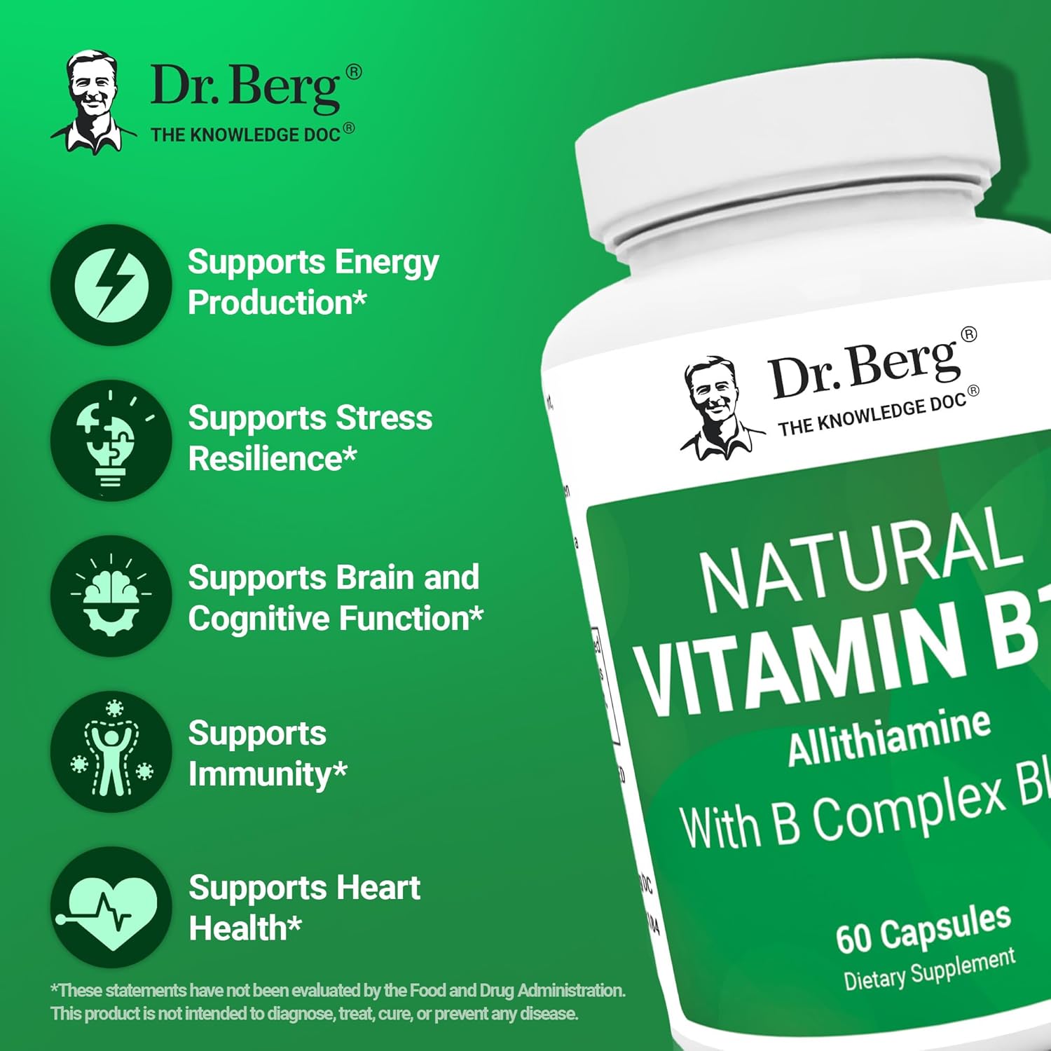 Dr. Berg Natural Vitamin B1 B6 B12 Complex Allithiamine Vitamin B1 Thiamin, Niacin, Folate, Magnesium & More - 60 Caps - Galeri