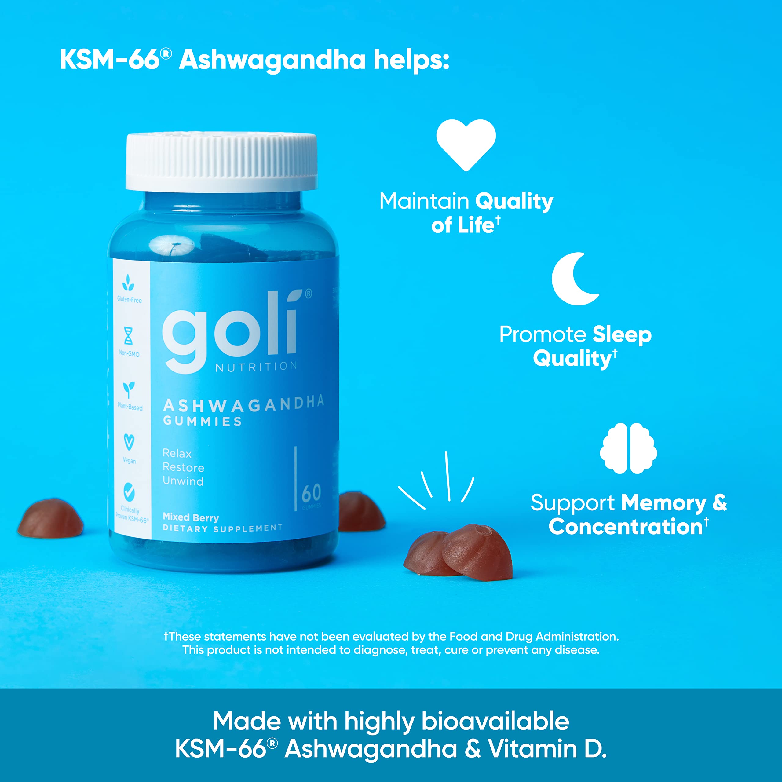 Goli Ashwagandha Vitamin D Relax KSM66 Vegan Non-GMO, Gluten-Free Gelatin Free 60 Gum - Galeri