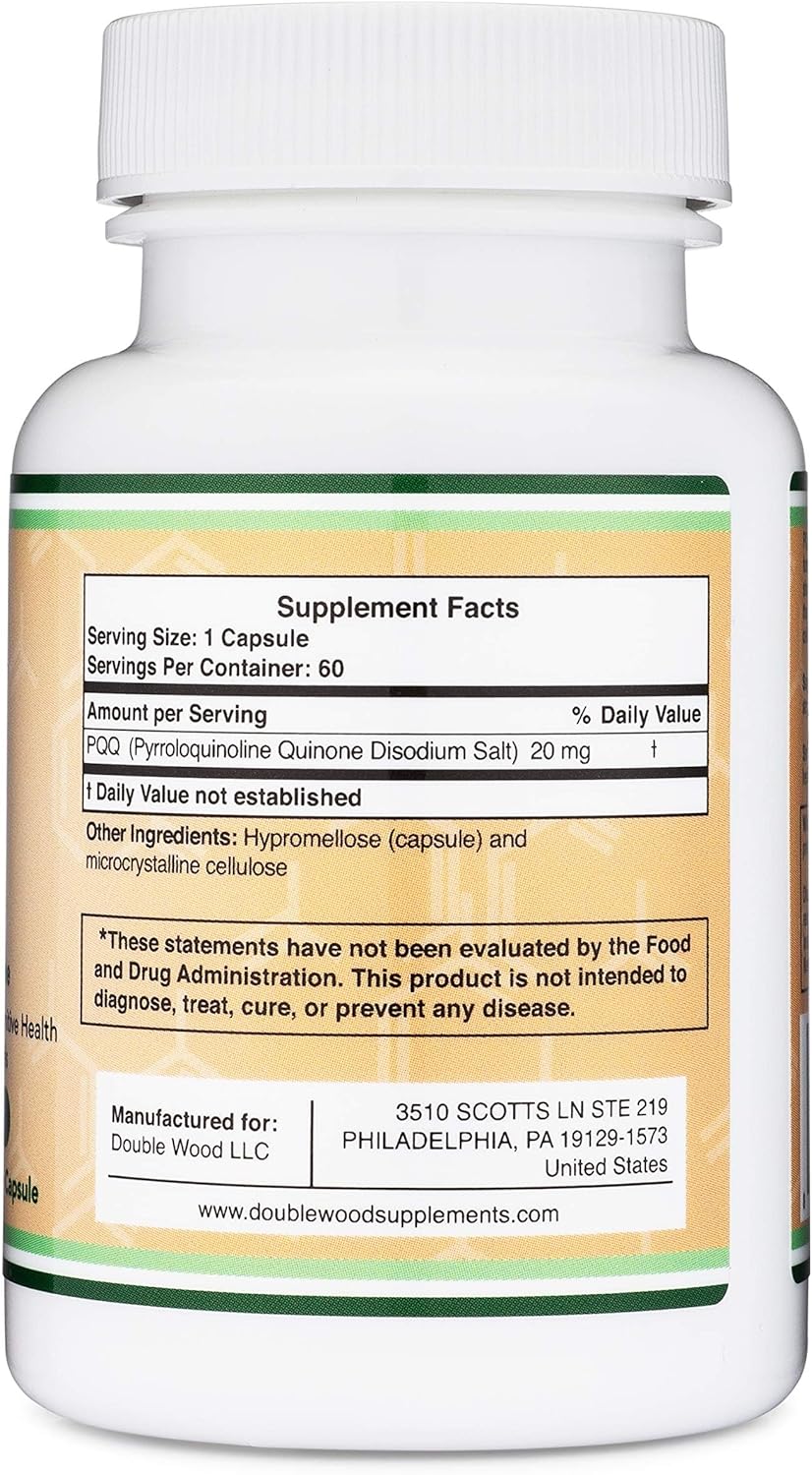 Double Wood PQQ Pyrroloquinoline Quinone ATP Coenzyme Energy Brain Optimizer and Sleep Support 20mg 60 Caps - Galeri