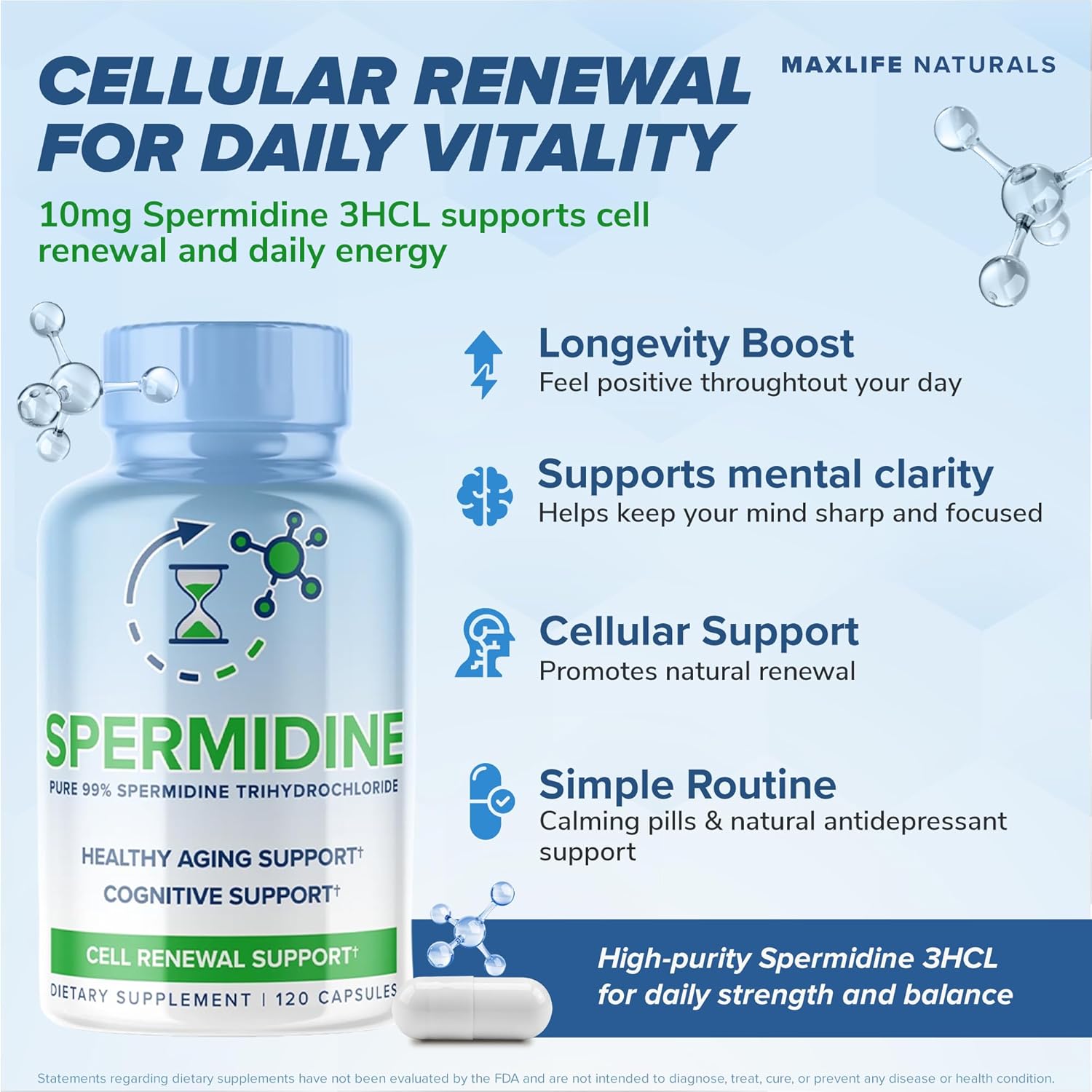 Maxlife Naturals Pure Spermidine with Trihydrochloride Brain Cell Repair Anti Aging 3HCL 10mg - 120 Caps - Galeri