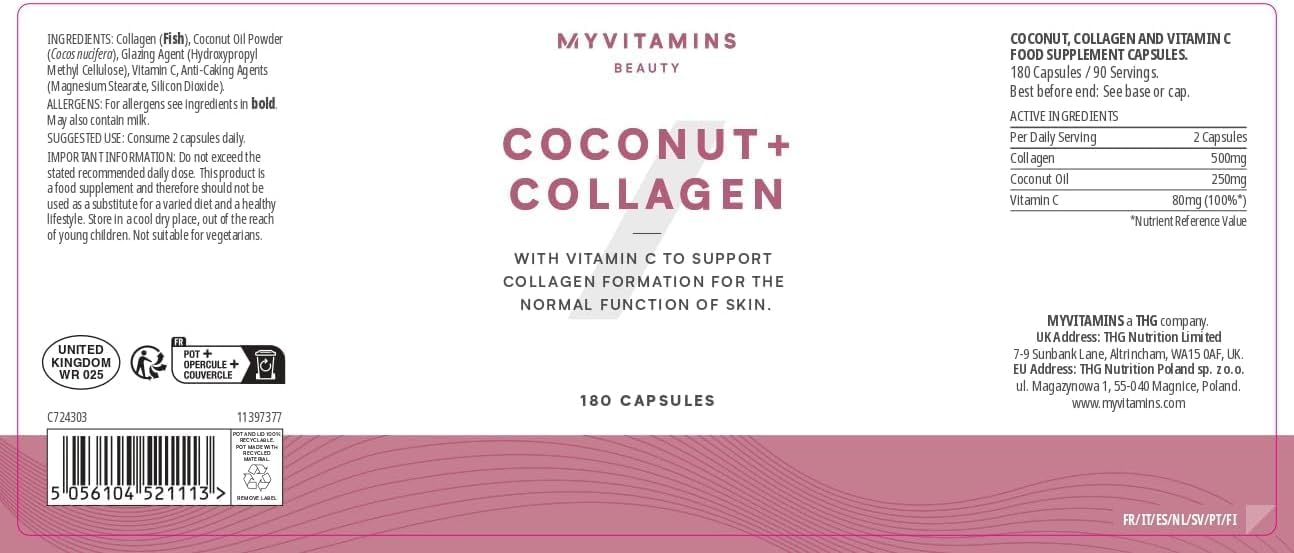 Myprotein Coconut Collagen Hydrolysed Collagen with Coconut Oil & Vitamin C –  60 Caps - Galeri