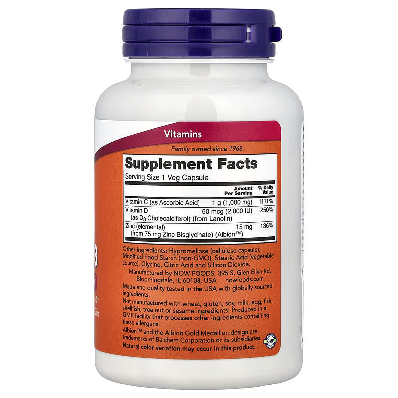 NOW Foods Vitamin C-1000 Zinc Çinko & D3 Vitamin Immune Support Antioxidant 100 Veg Caps - Galeri