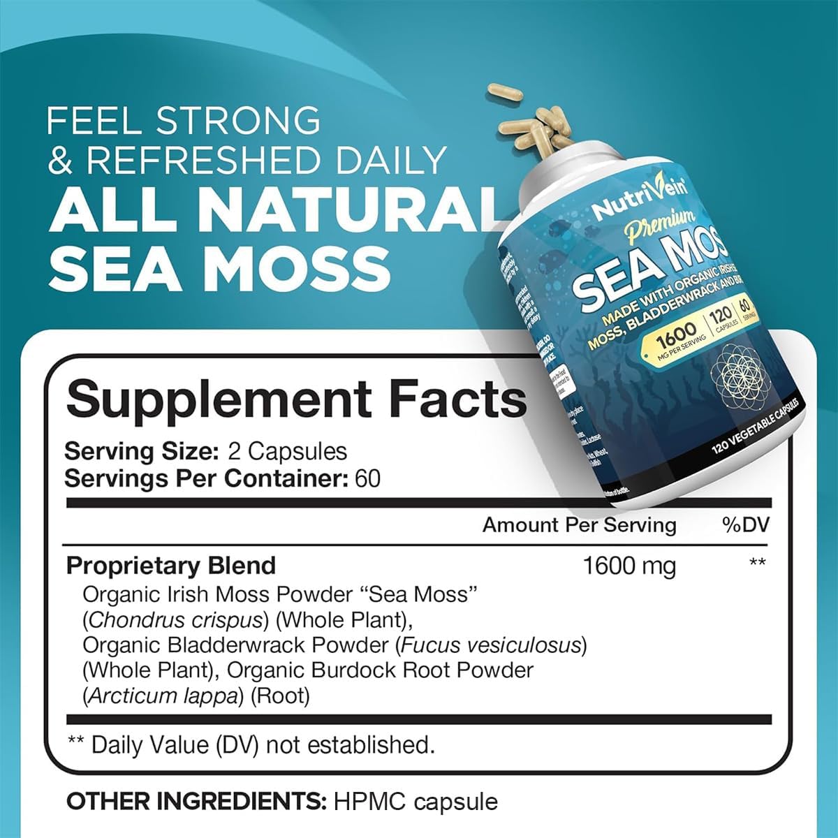 Nutrivein Sea Moss Bladderwrack Burdock Prebiotic Immune Digestive Thyroid,Skin Keto Detox Gut Joint - Galeri