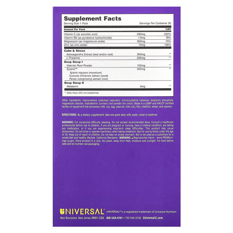 Universal U De-Stress & Sleep Multivitamin Ashwagandha & Theanine & Valerian Root & Melatonin 30 Pill Packs - Galeri