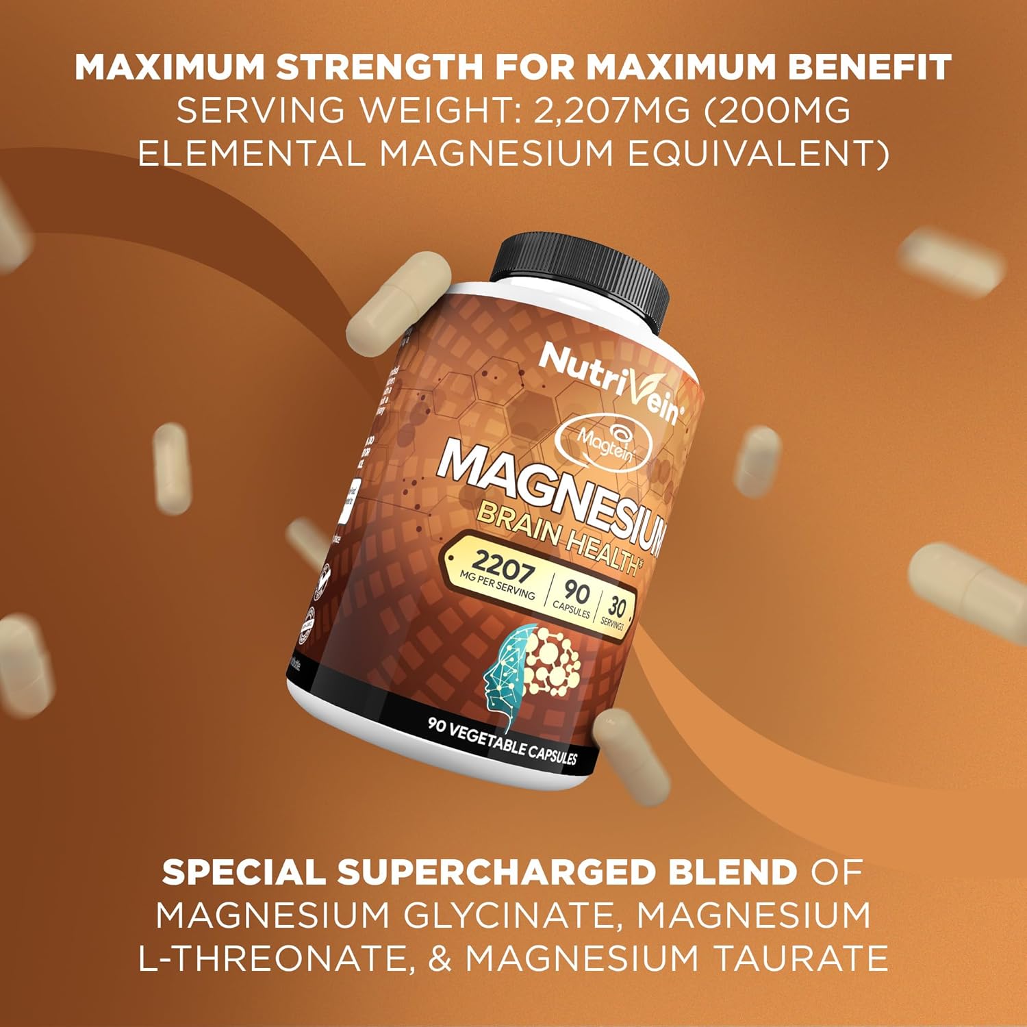 Nutrivein Magtein Magnesium L-Threonate Glycinate Taurate Brain Sleep Mood Recovery 2207 mg 90 Caps - Galeri