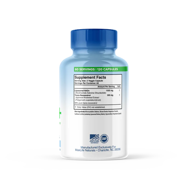 Maxlife Naturals Liposomal NAD+ Trans-Resveratrol Anti Aging 1500mg - 120 Caps - Galeri