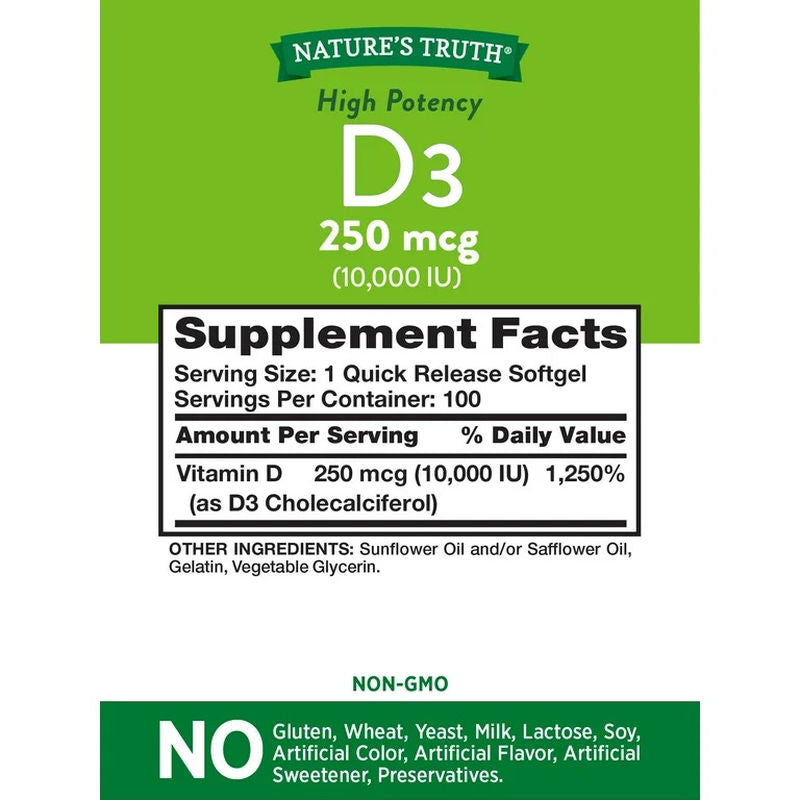 Natures Truth, Vitamin D3 High Potency, 250 mcg (10,000 IU), 100 Quick Release Softgels - Galeri