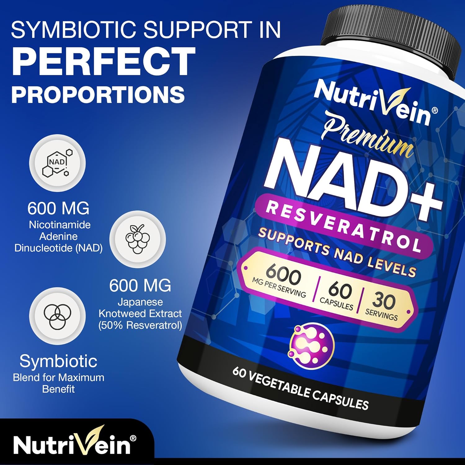 Nutrivein Premium NAD + Resveratrol 600 mg Aging Cognition Metabolism Overall Well-Being 60 Caps - Galeri