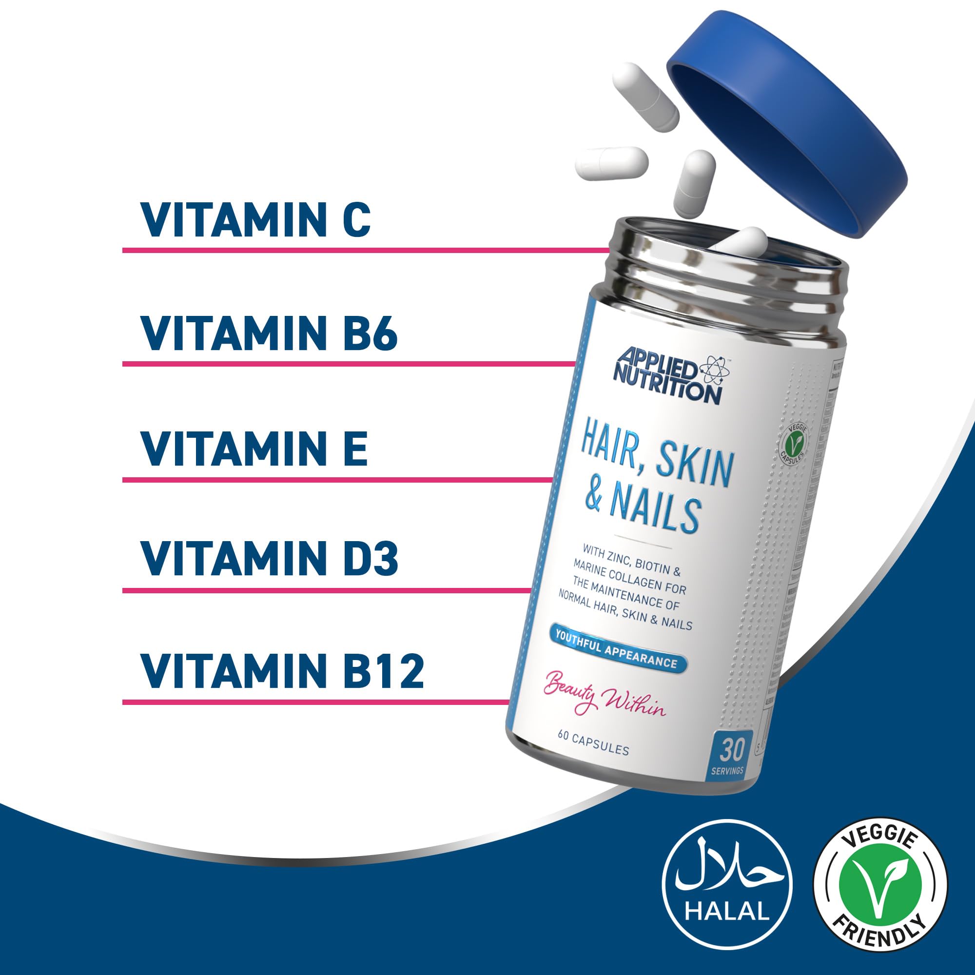 Applied Nutrition Hair, Skin & Nails, (BİOTİN+B12+MAGNESİUM OXİD+GRAPE+COLLAGEN+FOLİC ACİD 60 Caps - Galeri