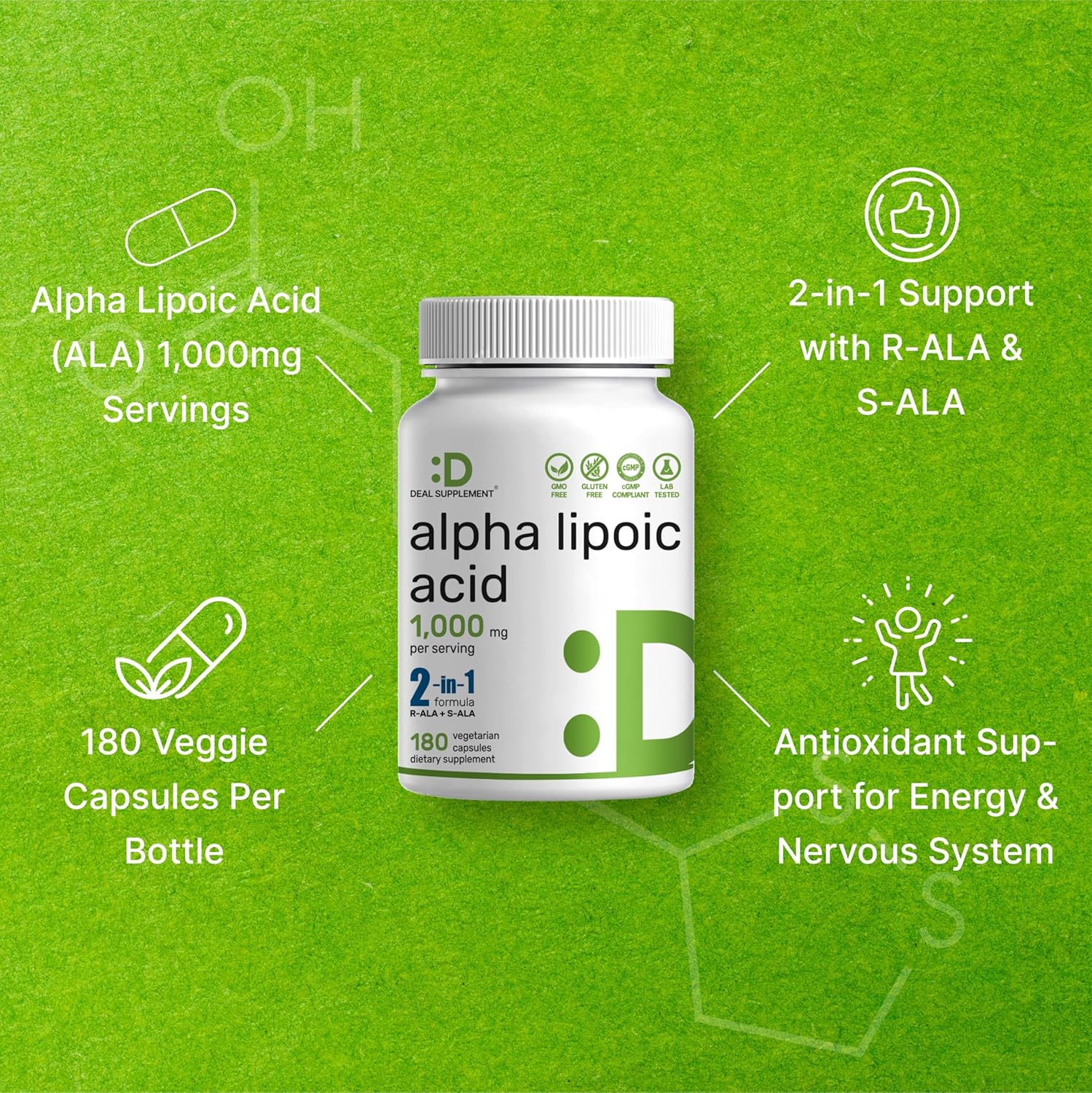 Deal Supplement Alpha Lipoic Acid 1000mg ALA & S-ALA Energy & Nervous System 180 Veggie Caps - Galeri